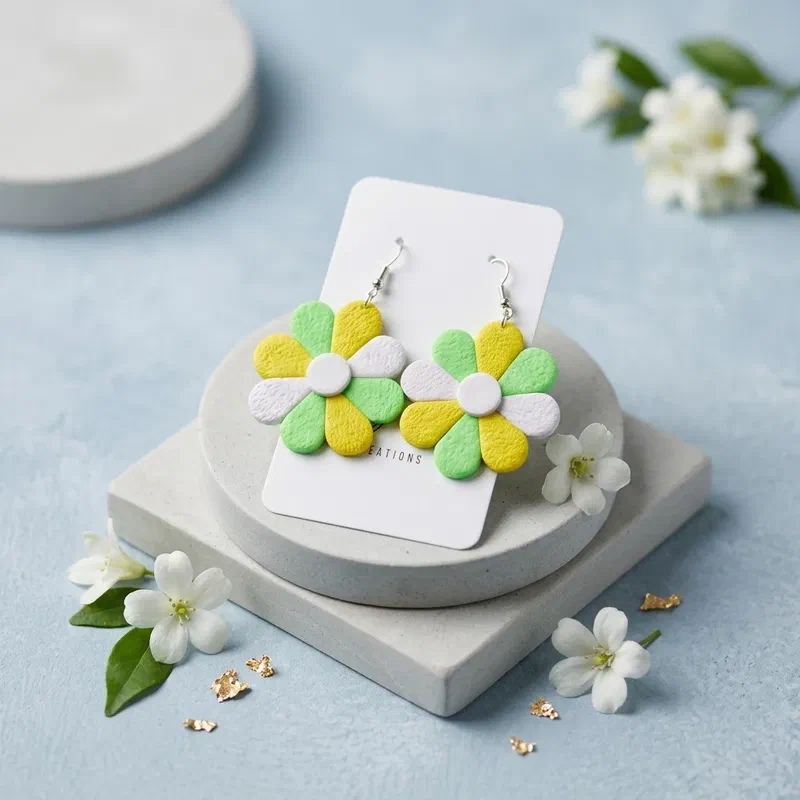 Cercel Large Flower - Green White Yellow – imaginea 2