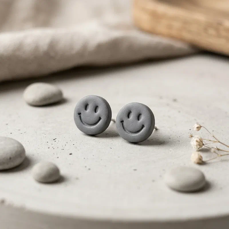 Cercel Smiley Face - Gray – imaginea 1