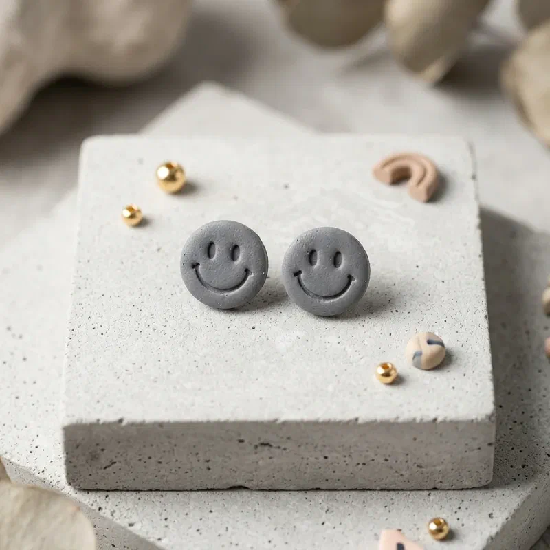 Cercel Smiley Face - Gray – imaginea 2